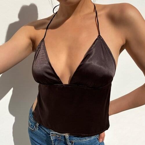 Vintage Satin Tops Women Backless Rave Sexy Girl Clothes Sleeveless V Neck Lace Up Halter Cami Tops