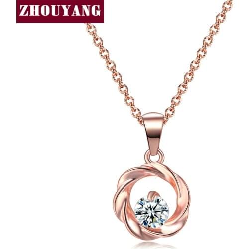 ZHOUYANG Necklace For Women Classic Simple Style Flower Shape Cubic Zirconia Rose Gold Color Pendant Jewelry Christmas Gift N249