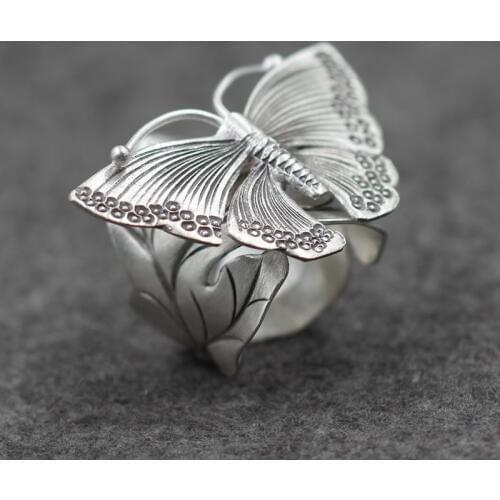 925 genuine sterling silver butterfly trendy ring lady style retro finger ring Thai Handmade Silver PKY246