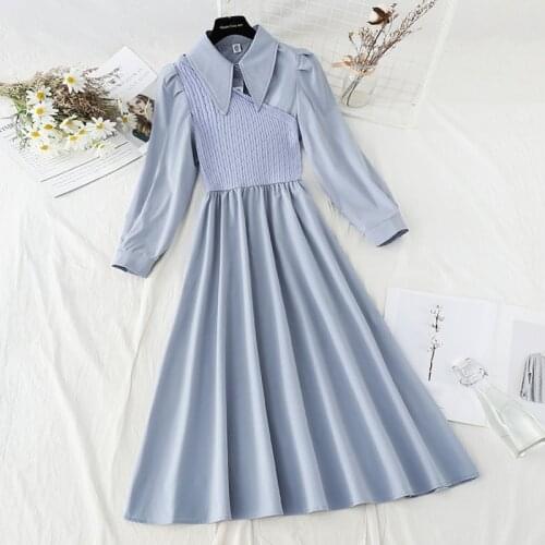 High Quality Korean Fashion Fake Two Piece Patchwork Knit Long Dress Women Long Sleeve Vestidos Casual Party Dress Ladies Robe