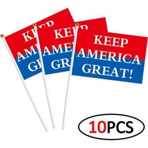 10Pcs Keep America Great Mini Handheld Stick Flag President 2020 Portrait 3D Print Small Banner for Parades Election Day