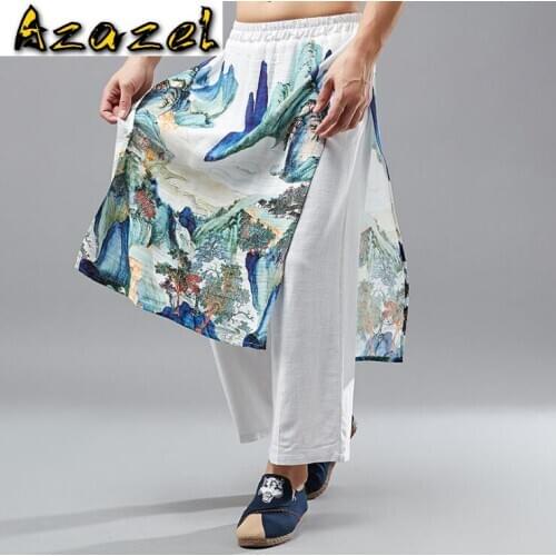 2020 mens New cotton and linen casual pants Chinese style men elastic waist straight pants two pieces of apron mens trousers