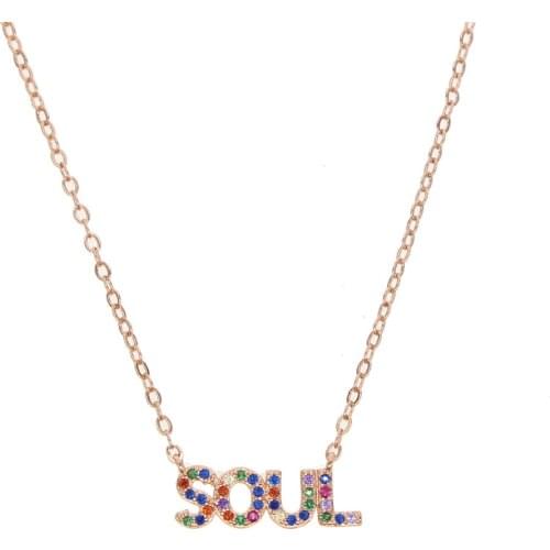 2021 Mothers Day Gift Charm Hollow Letter SOUL Simpe Trendy Jewelry Micro Pave Gold Filled Coloful Rainbow CZ Pendant Necklace