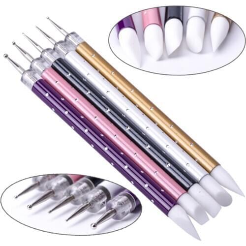 5pcs/set 2 Way Crystal Silicone Head Nails Dotting Rhinestone Tools Nail Art Paint Sculpture Pen Design Acrylic Tassels Brush