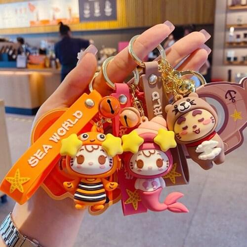 Cartoon Clownfish Auspicious Star Cat Keychain Cute Sweet Lucky Cat Mermaid Ocean Series Keyring Couple Bag Pendant Keyfob Gifts