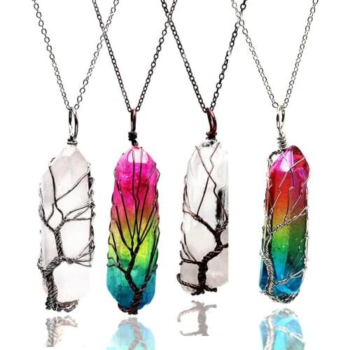 Tree of Life Wire Wrapped Natural Rainbow Chakra Healing Crystal Pendant Necklace Gift