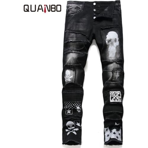 New Arrival Mens Skinny Jeans Stretch Slim Fit Ripped Denim Pants Fashion Pattern Printing Hole Black Biker Jeans Brand Clothes