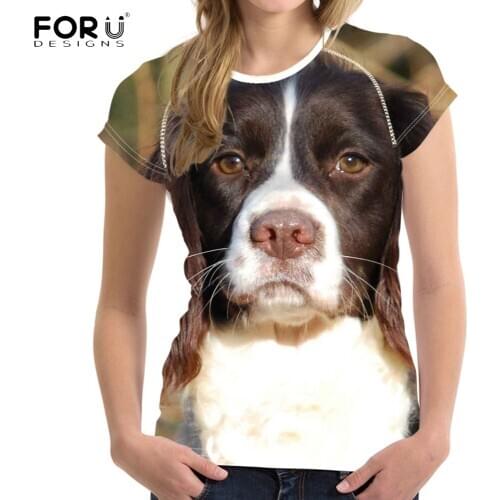 FORUDESIGNS Cute 3D Dog English Springer Spaniel Print T Shirt Women Brand Designer Female Summer T-shirts Short Tees Plus Size
