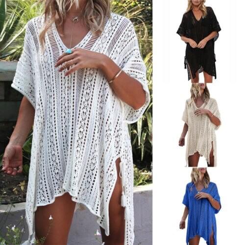 ITFABS Womens Beachwear Bikini Beach V-Neck Wear Cover Up Hollow Out Ladies Summer Dress