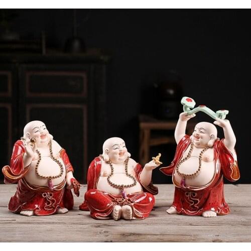 Ceramic lucky big belly Maitreya statue Chinese Laughing Buddha ， character painted crafts Home living room decoration statue