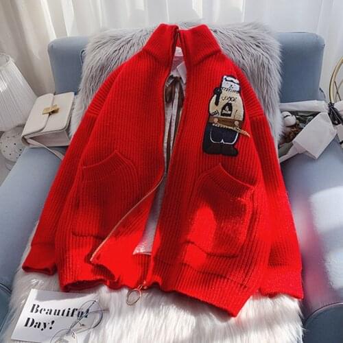 Sweater Jacket Women 2021 New Stand-up Collar Zipper Knitted Cardigan Winter Loose Outerwear Thicker Animal Embroidery Coat