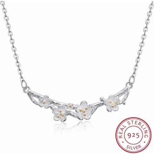 Lekani 925 Sterling Silver Necklaces & Pendant For Women Original Handmade Plum Blossom Pendant Branches Cherry Flower Jewelry