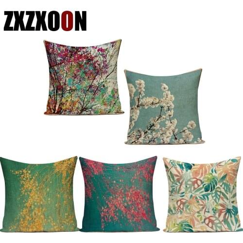 Pastoral Pink Purple Floral Flower Polyester Trees Decorative Pillows Case Sofa Cushion Cover for Home Bedroom Pillowcase