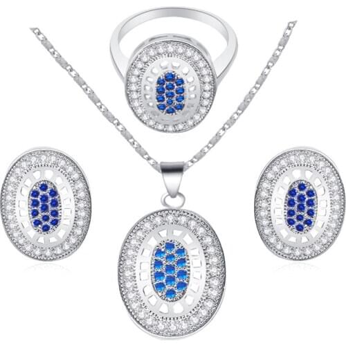 ROLILASON Glittering Blue Zircon Silver plated Fashion jewelry AAA zircon Jewelry Sets Earrings Necklace rings sz #6 #7 #8 JS551