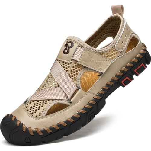 Summer Leather Men Casual Sandals Comfortable Soft Massage Mid-Sole Mens Shoes Outdoors Mesh Breathable Beach Sandals for Men