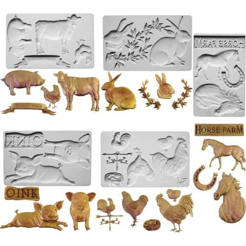 Farm Animals Pig,Horse ,Rabbits ,Rooster & Chick Silicone Mold Fondant Cakes Decorating Mould Sugarcraft Chocolate Baking Tools