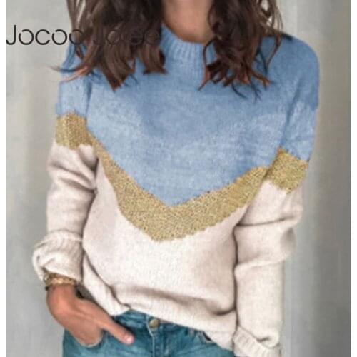 Jocoo Jolee Casual O Neck Hit Color Patchwork Loose Sweater Elegant Vintage Pullovers Knitting Jumpers Harajuku Oversized Tops