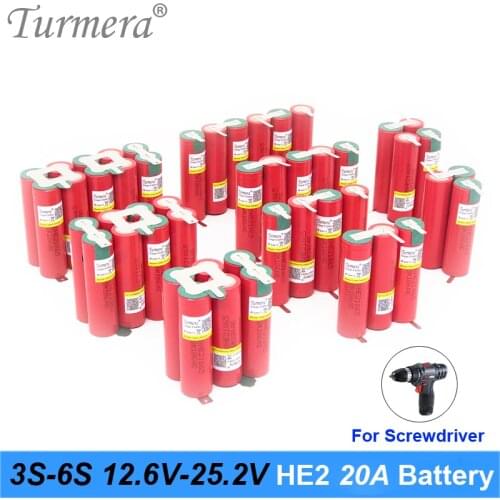 Turmera 18650 HE2 25000mah 5000mAh 20A Weld Battery 3S 12.6V 4S 16.8V 5S 21V 6S 25V INR18650-HE2 for 18V Screwdriver Battery Use