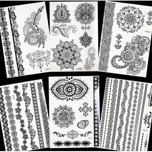 Temporary Women Body Art Tattoo Sticker Black Henna Mandala Flower Fake Tattoo Chest Cosmetic Waterproof Tatoos Self Adhesive