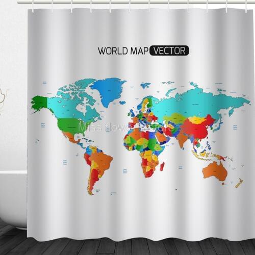 WORLD MAP VECTOR Design Custom Shower Curtain Bathroom Waterproof Mildewproof Polyester Fabric With 12 Hooks