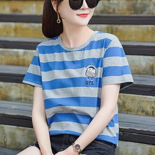 Striped Tees Women Casual O-neck Short Sleeve Printed Colorful Loose T-shirt Comfortable Tops For Ladies Streetwear Summer 2021
