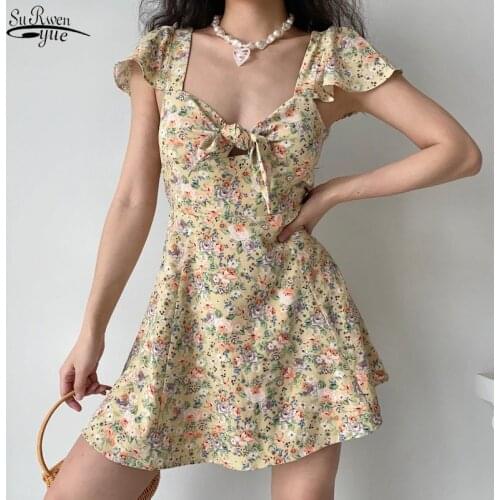 2021 Summer Women Cute Dress Print Floral Strappy Yellow Dress for Women Sweet Sexy A-line Bow Backless Mini Dress Vestido 15144