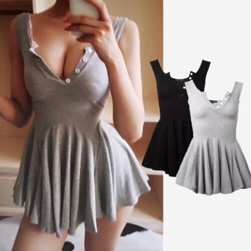 2021 Summer Dress Womens Solid Color Waist Waist Slimming V-neck Suspender Sexy Skirt With Button And Large Swing Skirt Women