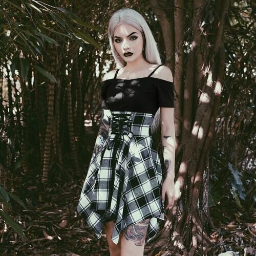 Elegant Goth Sexy Black Strapless Slash Neck Plaid Asymmetric Dress Casual Female Gothic Punk Short Sleeve High Waist Mini Dress
