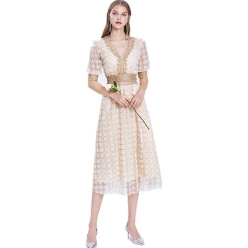 2021 New Summer Women Sexy V-Neck Short Sleeve Slim Long Dress High Quality Flowers Embroidery Mesh Lace Runway Dress