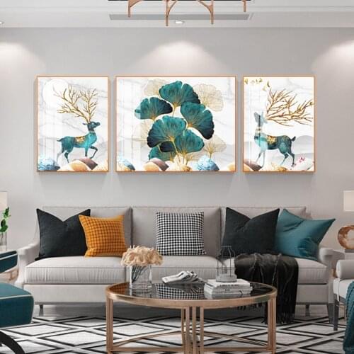 Golden Deer Luxury Decor Poster Canvas Painting Marbling Animal Plant Picture Home Decor Wall Art Nordic Print for Living Room