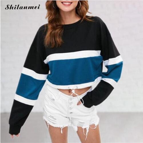 2019 Fashion Cropped Sweatshirts Women Long Sleeve Pullover Striped Patchwork Female Color Block Black Blue Casual Sweatshirt