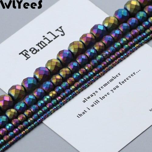 WLYeeS Plating Multicolor Faceted Round Hematite Bead 2 4 6 8 10mm Ball Loose bead for Jewelry Bracelet Making DIY Accessories
