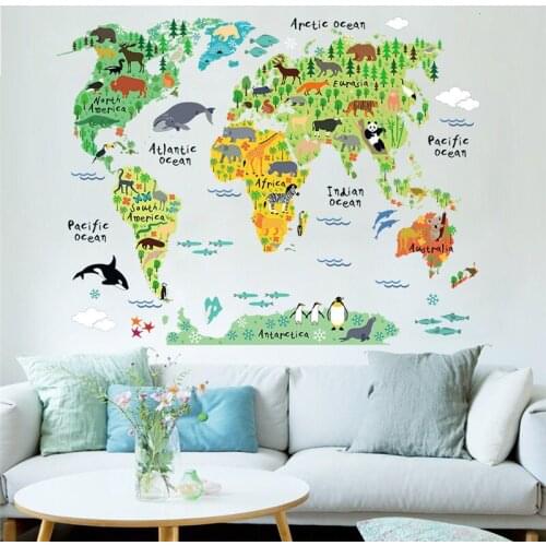 Colorful world map animals wall stickers room decorations cartoon mural art zoo forest children home decals posters gift