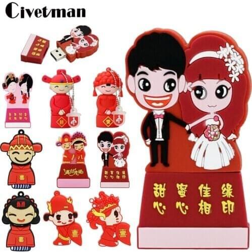 USB Flash Drive Cartoon USB 2.0 Creative Bride and Groom Pendrive 8GB 16GB 32GB 64GB Pen Drive 128GB Memory Stick Wedding Gift