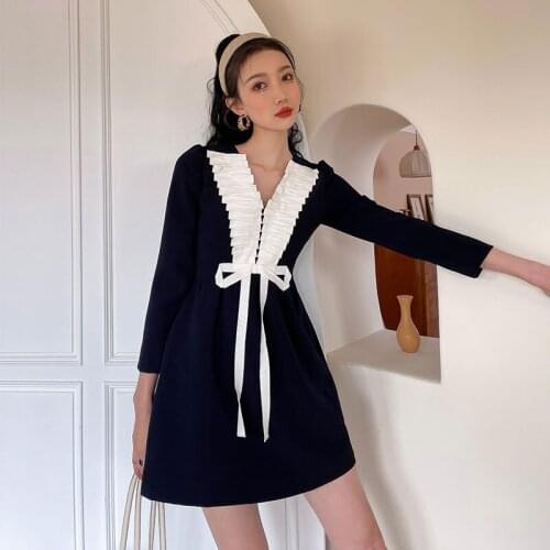 FONELY FAIRY Women Autumn New Style Temperament French Retro Long Sleeve Bow Bow Blue Dress