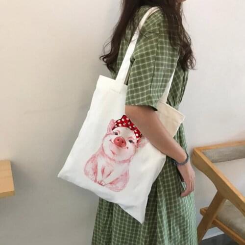 Cute Pig Printed Canvas Shoulder Shopping Bag Tote Purses Casual Handbag for Girls Schoolbags Causual Shoulder Messenger Bag