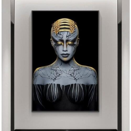 Canvas Art Painting the Dark Woman on the Wall Posters and Prints Black Gold Girl Wall Art Picture for Living Room Home Decor