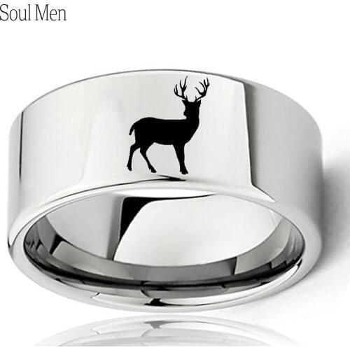 Engraved Animal Deer Ring 11mm Wide Flat Tungsten RingComfort Fit Male Men Big Outdoors Natural Band Size 7 to 13
