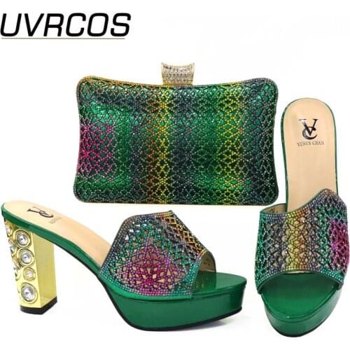 Green Color Italian Shoes with Matching Bags Set Decorated with Rhinestone African Italian Shoe and Bag Set Elegant Shoes Bag