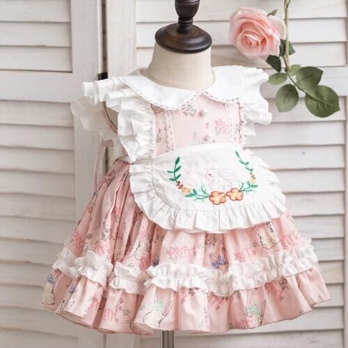 Baby Girl Summer Rabbit Embroidery Apron Vintage Spanish Ball Gown Lolita Princess Lace Dress for Easter Eid Birthday Casual