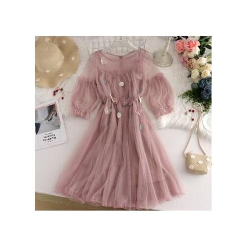Summer Womens Sweet Flower Bowknot Lace Dress Fashionable Waist Lantern Sleeve Mesh Skirt Vestidos
