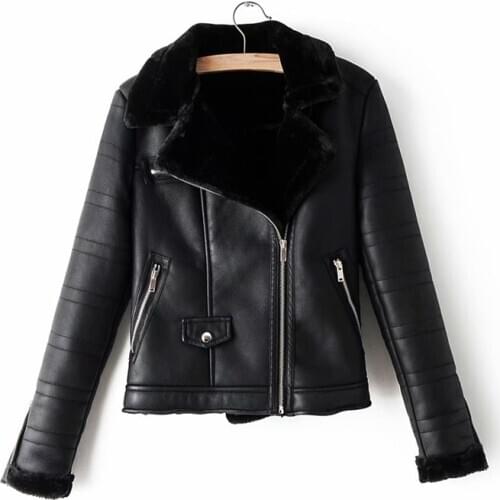 ZXQJ fashion women faux lamb wool fur leather jacket winter lady black thick jackets cool female turn down collar outerwear