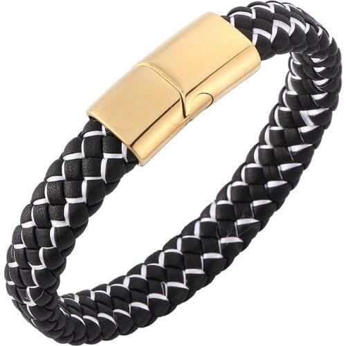 New Black White Leather Braided Bracelet Men Stainless Steel Magnetic Buckle Male Wrist Band Bangles Fashion Jewelry Gifts S0001