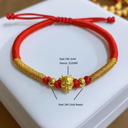 Genuine 24K Yellow Gold Small Ox with 2pcs Round Beads Red Cord Bracelet Length from 5" to 15"