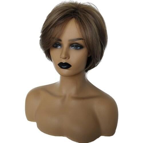 Natural Short Bob Hair Wigs Straight Pixie Full Wig for Women W/ Bangs 10"