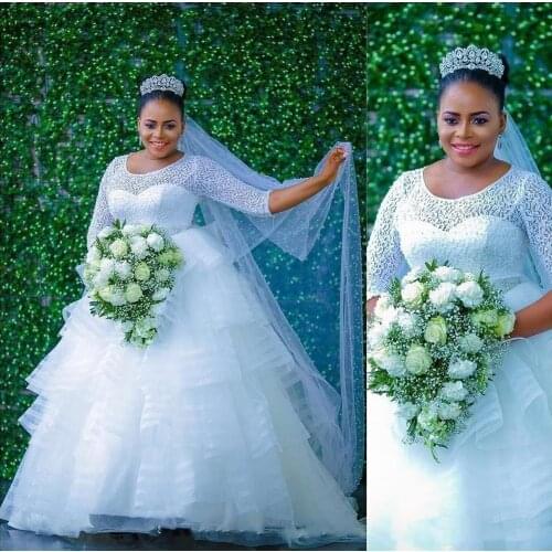 Nigeria African Wedding Dresses Lace with Long Sleeves Plus Size Bridal A-Line Long Bride Dress 2021