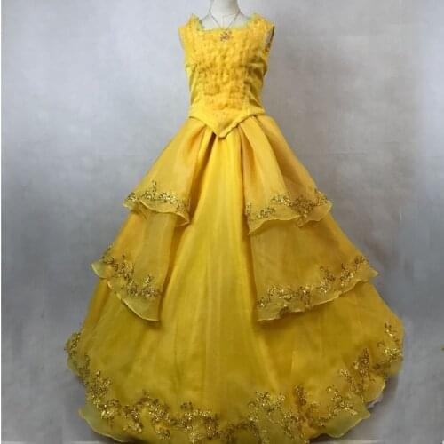 New Movie Girl And Beast Belle Cosplay Costume Adult Women Yellow Dress Fancy Halloween Ball Gown Dance Dresses