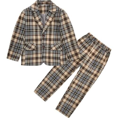 Autumn Long Sleeve Coat Pants 2Parts For Wedding Boys Casual Plaid Kids Blazer Clothing Sets Costume Children Suits Outfits,F668