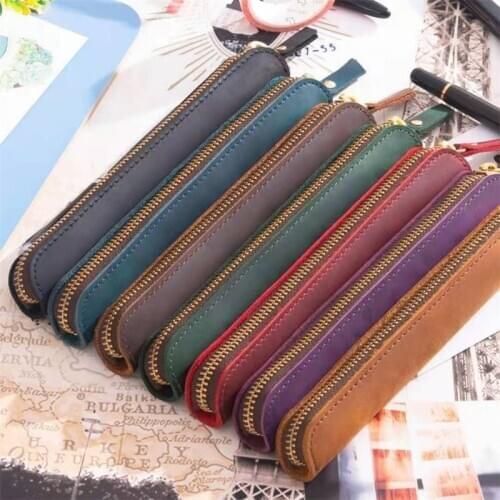 Simple And Portable Cowhide Zipper Pen Case Pen Protection Case Mini Pencil Case Stationery Bag