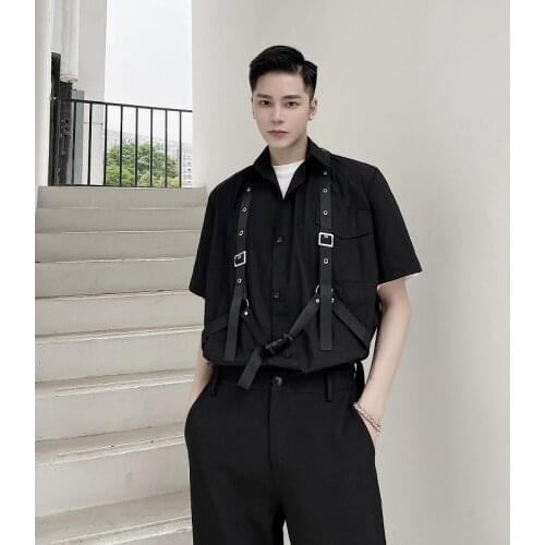 Men Bandage Harajuku Style Streetwear Loose Casual Short Sleeve Shirt Male Women Hip Hop Couple Shirt